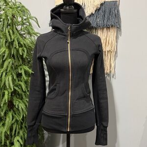 Lululemon Black Zip-Up Hoodie with Brass Zipper and Green Lululemon Logo on Hood